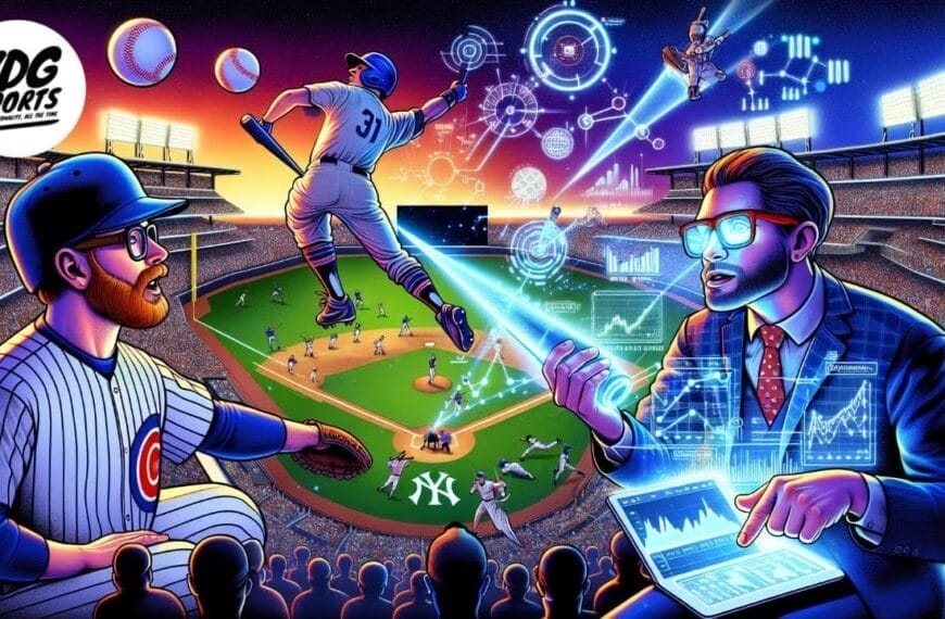 A colorful digital illustration of an MLB stadium at night. Players are mid-game, with one leaping to catch a ball. On the right, a man in a suit analyzes provocative data and charts, symbolizing sports analytics and technology.
