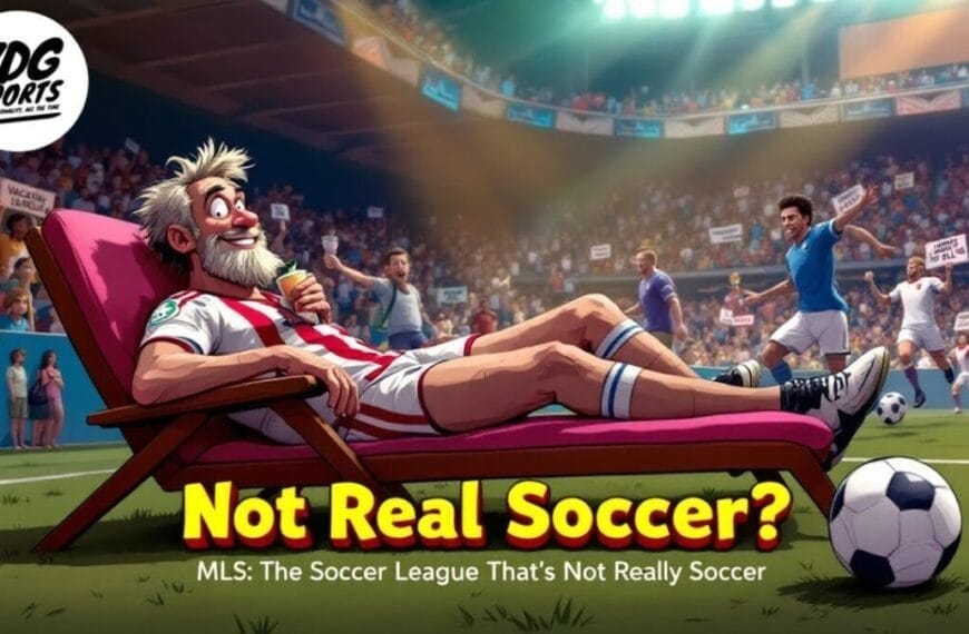 A cartoon man in a striped soccer uniform relaxes on a lounge chair on the field, smiling while a soccer game happens behind him. Fans cheer in the stands. Bold yellow text reads, "MLS Expectations: The Soccer League That's Not Really Soccer.