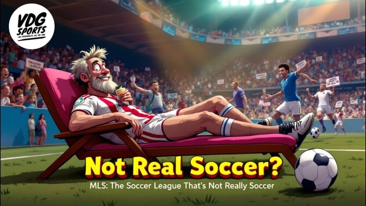 A cartoon man in a striped soccer uniform relaxes on a lounge chair on the field, smiling while a soccer game happens behind him. Fans cheer in the stands. Bold yellow text reads, "MLS Expectations: The Soccer League That's Not Really Soccer.
