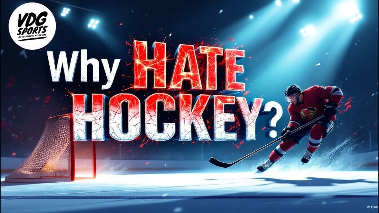 A hockey player in a red uniform skates towards a goal on an ice rink. The text on the image reads, "Why Hate Hockey?" illuminated by blue and red lighting effects, hinting at secret NHL agendas. The VDG Sports logo is in the top left corner.