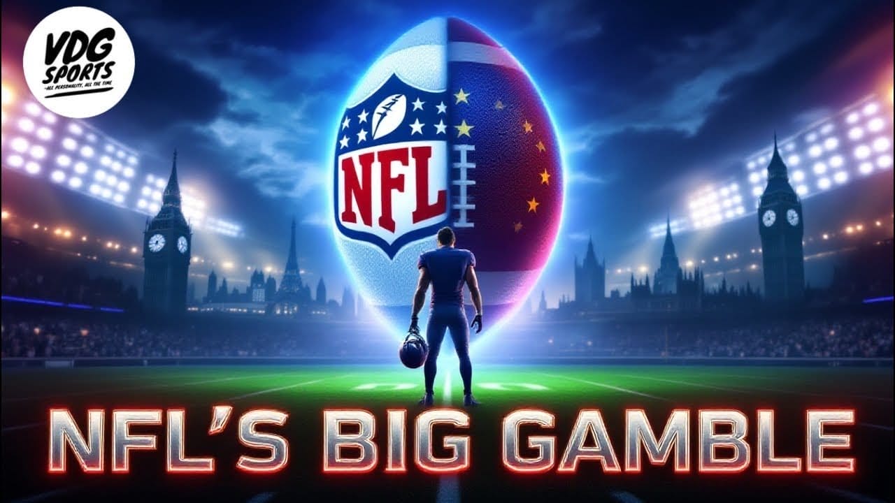A football player clutching a helmet stands on a lit field as a large NFL-logoed football hovers above. The text "NFL's Big Gamble" graces the bottom, hinting at the league's future expansion, possibly towards forming a European division. Clock towers loom in the background.