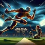 A stylized illustration of a football player in mid-air evading a tackle while holding a football. Stadium lights illuminate the night scene as jets fly overhead. Text reads: "The NFL Safety Lie: What NFL Fanatics Really Want?".