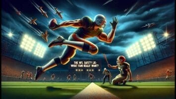 A stylized illustration of a football player in mid-air evading a tackle while holding a football. Stadium lights illuminate the night scene as jets fly overhead. Text reads: "The NFL Safety Lie: What NFL Fanatics Really Want?".