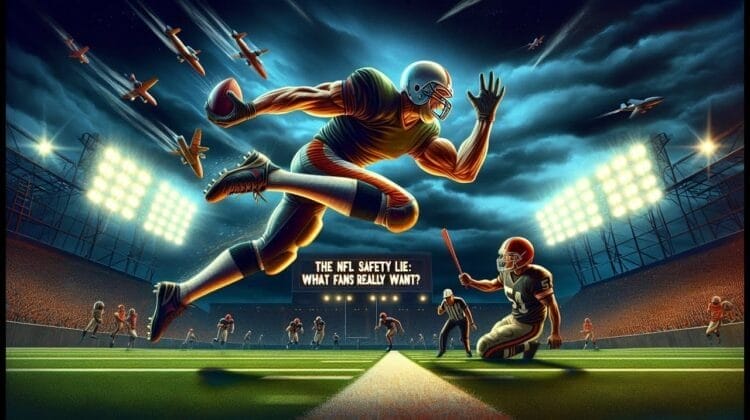 A stylized illustration of a football player in mid-air evading a tackle while holding a football. Stadium lights illuminate the night scene as jets fly overhead. Text reads: "The NFL Safety Lie: What NFL Fanatics Really Want?".