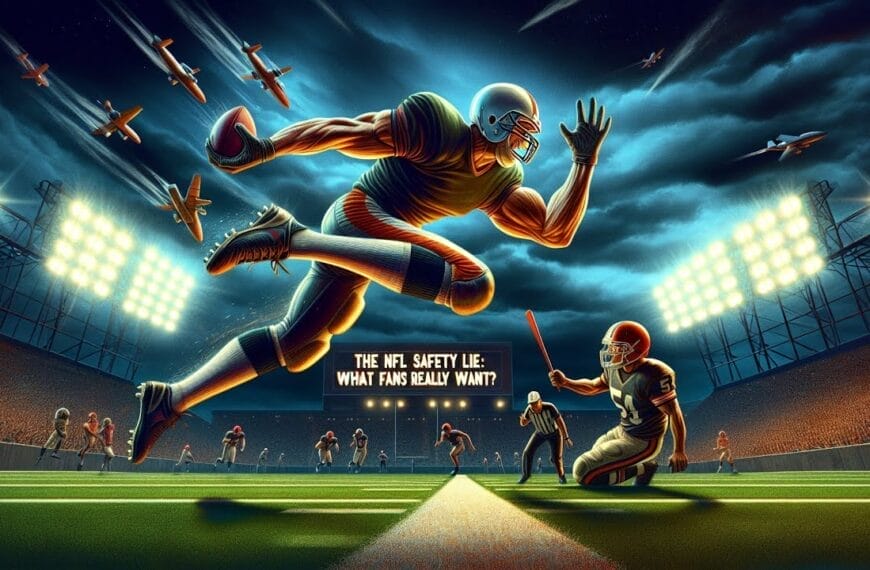 A stylized illustration of a football player in mid-air evading a tackle while holding a football. Stadium lights illuminate the night scene as jets fly overhead. Text reads: "The NFL Safety Lie: What NFL Fanatics Really Want?".