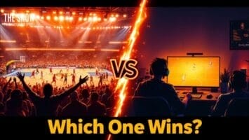 A split-screen image contrasts an electrifying live NBA best experiences arena with two gamers playing a basketball video game at computers. The bold "Which One Wins?" rests at the bottom, while a dramatic glowing "VS" lights up the center.