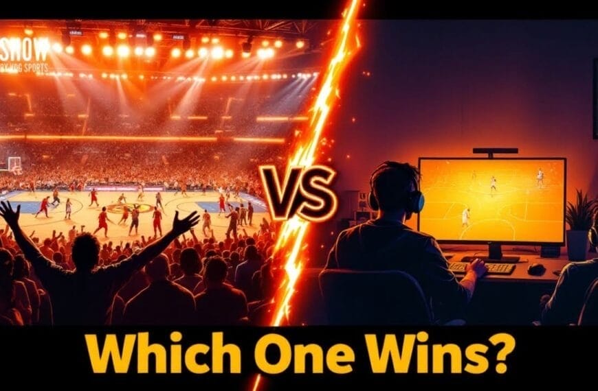 A split-screen image contrasts an electrifying live NBA best experiences arena with two gamers playing a basketball video game at computers. The bold "Which One Wins?" rests at the bottom, while a dramatic glowing "VS" lights up the center.