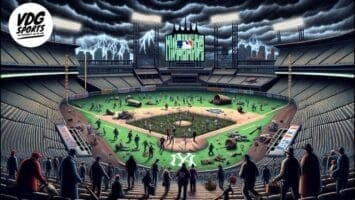 A baseball stadium under dark, stormy skies and lightning, with a chaotic field. Zombies and debris fill the field. Spectators watch from the stands as the scoreboard displays the MLB logo. The scene is eerie and apocalyptic, with damaged surroundings. VDG Sports logo is visible.