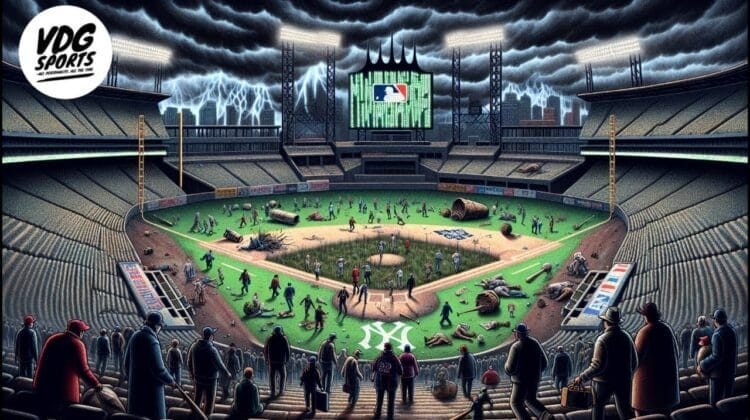 A baseball stadium under dark, stormy skies and lightning, with a chaotic field. Zombies and debris fill the field. Spectators watch from the stands as the scoreboard displays the MLB logo. The scene is eerie and apocalyptic, with damaged surroundings. VDG Sports logo is visible.