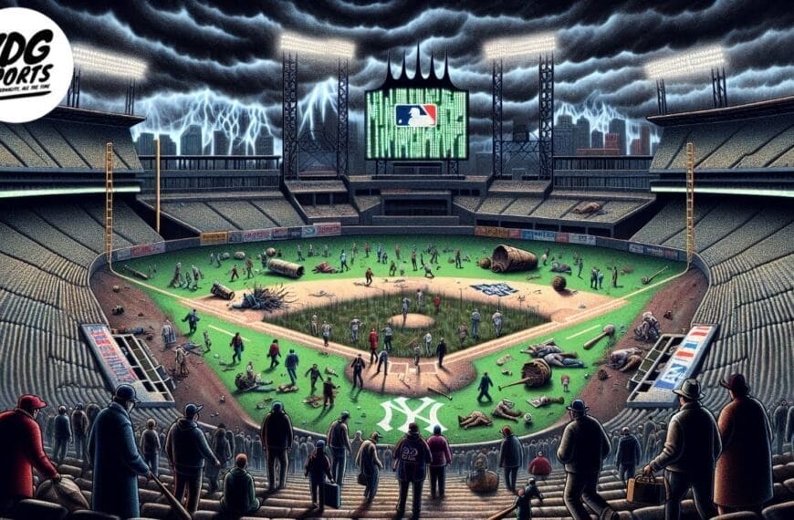 A baseball stadium under dark, stormy skies and lightning, with a chaotic field. Zombies and debris fill the field. Spectators watch from the stands as the scoreboard displays the MLB logo. The scene is eerie and apocalyptic, with damaged surroundings. VDG Sports logo is visible.