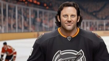 Digital artwork of a man with medium-length brown hair and blue eyes, wearing an Anaheim Ducks hockey jersey, watching sports on TV in an ice rink with players in the background.