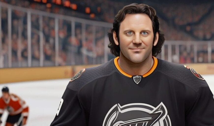 Digital artwork of a man with medium-length brown hair and blue eyes, wearing an Anaheim Ducks hockey jersey, watching sports on TV in an ice rink with players in the background.