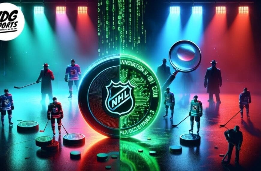 A digital illustration shows hockey players on an ice rink split by a large NHL coin. The left side is blue, the right red, with spotlights. Silhouetted figures in trench coats hold a magnifying glass as matrix-like code hints how the NHL can diminish fraud. VDG Sports logo in top left.
