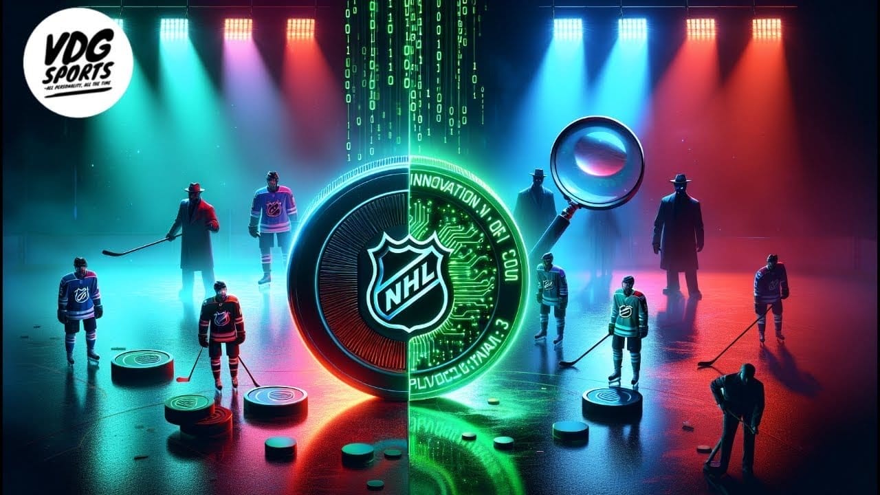 A digital illustration shows hockey players on an ice rink split by a large NHL coin. The left side is blue, the right red, with spotlights. Silhouetted figures in trench coats hold a magnifying glass as matrix-like code hints how the NHL can diminish fraud. VDG Sports logo in top left.