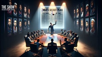 A dimly lit conference room with a long table is centered around a person gesturing passionately. NBA players' portraits line the walls. A monitor displays a headline reading "NBA's Secret Plan: Play Games, Get Fame?"—a nod to the pursuit of NBA Hall of Fame-worthy achievements.