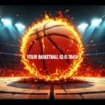 A flaming basketball commands attention in the stadium's heart, amid roaring crowds and dazzling lights. "YOUR BASKETBALL IQ IS TRASH" boldly hovers above, echoing the intensity of an NBA last minute play. The "VDG SPORTS" logo claims its spot at the top left corner.