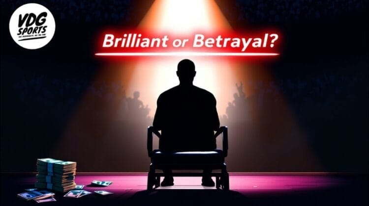 Silhouette of a person, possibly NBA players, sitting on a chair under a spotlight in front of an audience. The text "Brilliant or Betrayal?" is displayed above. Money is scattered on the floor. The VDG Sports logo is in the top left corner.