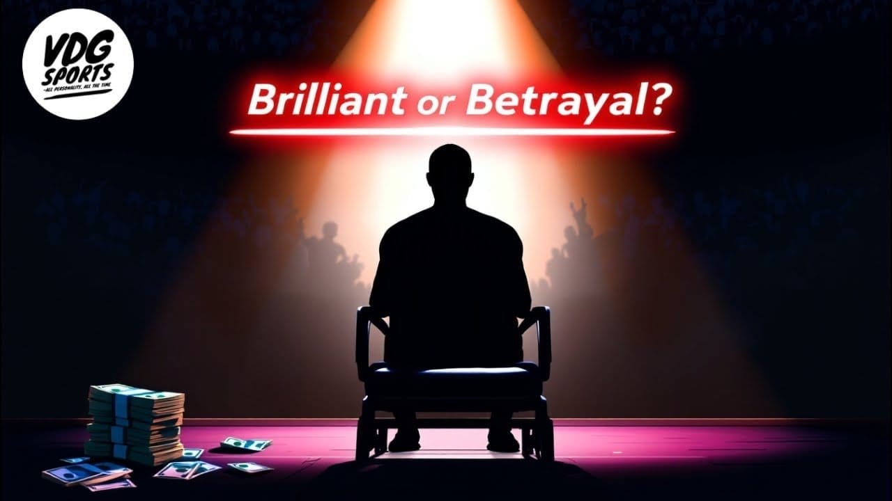 Silhouette of a person, possibly NBA players, sitting on a chair under a spotlight in front of an audience. The text "Brilliant or Betrayal?" is displayed above. Money is scattered on the floor. The VDG Sports logo is in the top left corner.