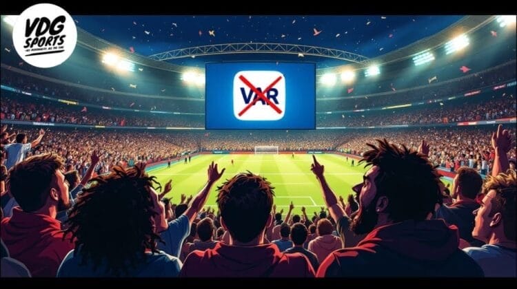 A large stadium filled with cheering fans. The scoreboard displays a crossed-out "VAR" symbol. The field is brightly lit, and the audience appears animated. There's a "VDG Sports" logo in the top left corner.