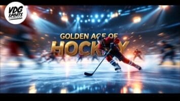 A proud NHL fanatic, a hockey player in red and black gear skates towards the viewer on an ice rink. Blurred players are in the background. "Golden Age of Hockey" is prominently displayed in large golden text, with the VDG Sports logo nestled in the top-left corner.