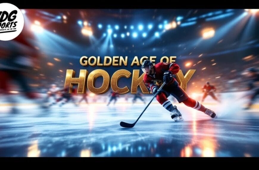 A proud NHL fanatic, a hockey player in red and black gear skates towards the viewer on an ice rink. Blurred players are in the background. "Golden Age of Hockey" is prominently displayed in large golden text, with the VDG Sports logo nestled in the top-left corner.