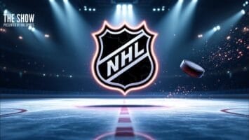 An ice hockey rink with the NHL logo prominently displayed in the center symbolizes the excitement of a potential NHL expansion. A puck is suspended in mid-air to the right, with lights illuminating the empty arena. "The Show presented by VG Sports" text is visible in the top left corner.