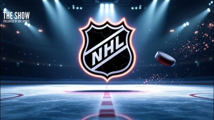 An ice hockey rink with the NHL logo prominently displayed in the center symbolizes the excitement of a potential NHL expansion. A puck is suspended in mid-air to the right, with lights illuminating the empty arena. "The Show presented by VG Sports" text is visible in the top left corner.
