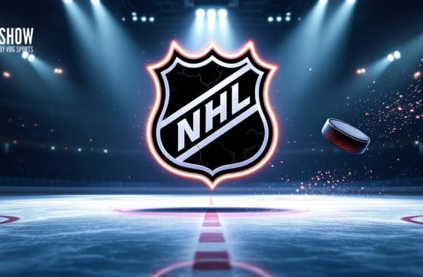 An ice hockey rink with the NHL logo prominently displayed in the center symbolizes the excitement of a potential NHL expansion. A puck is suspended in mid-air to the right, with lights illuminating the empty arena. "The Show presented by VG Sports" text is visible in the top left corner.