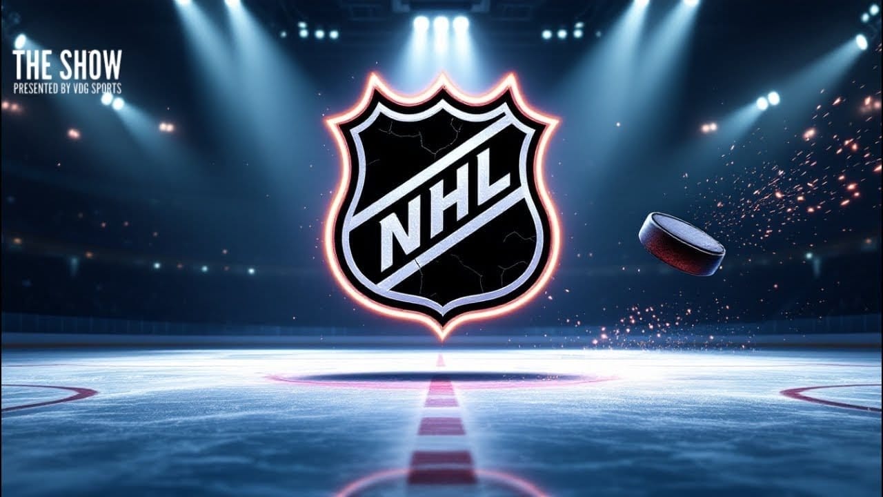 An ice hockey rink with the NHL logo prominently displayed in the center symbolizes the excitement of a potential NHL expansion. A puck is suspended in mid-air to the right, with lights illuminating the empty arena. "The Show presented by VG Sports" text is visible in the top left corner.