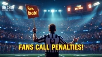 A referee stands in a football stadium holding a sign that says "Fans Decide!" in one hand. The stadium is full of cheering spectators. Bold text across the image reads "FANS CALL PENALTIES!" A logo for "The Show" by VH6 Sports is in the corner.