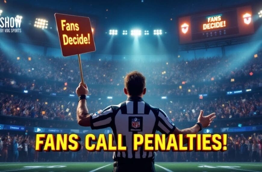 A referee stands in a football stadium holding a sign that says "Fans Decide!" in one hand. The stadium is full of cheering spectators. Bold text across the image reads "FANS CALL PENALTIES!" A logo for "The Show" by VH6 Sports is in the corner.