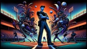 Vibrant illustration of a baseball game featuring a robotic umpire in the forefront, players in action, and dynamic, stylized swirls representing movement. Or MLB allow umps more power.