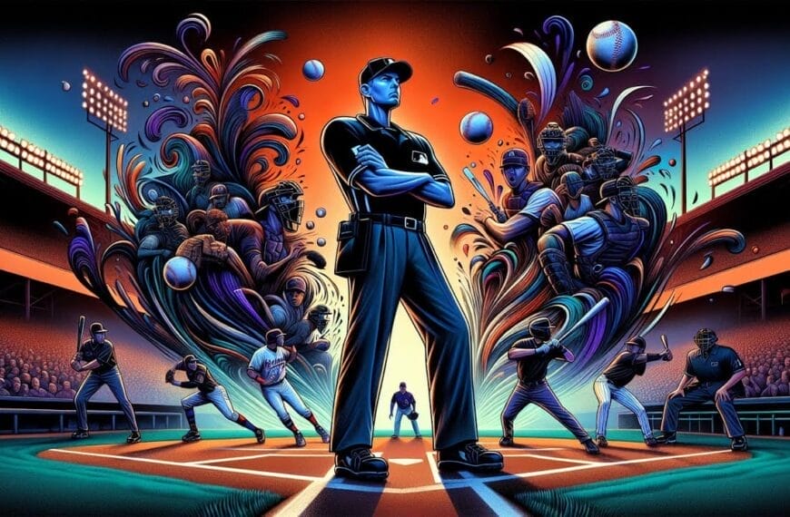 Vibrant illustration of a baseball game featuring a robotic umpire in the forefront, players in action, and dynamic, stylized swirls representing movement. Or MLB allow umps more power.