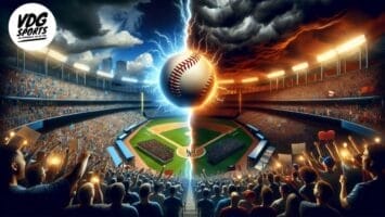 An electrified baseball hovers over a stadium split between sunny and stormy weather. Crowds cheer on either side, one under a bright sky and the other beneath dark clouds, highlighting the heightened fan engagement typical of MLB's postseason drama.