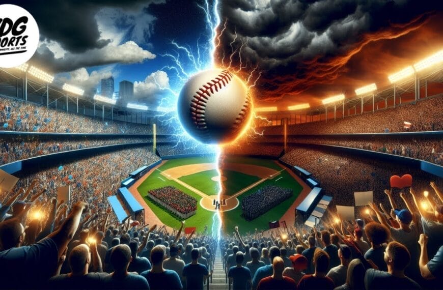 An electrified baseball hovers over a stadium split between sunny and stormy weather. Crowds cheer on either side, one under a bright sky and the other beneath dark clouds, highlighting the heightened fan engagement typical of MLB's postseason drama.