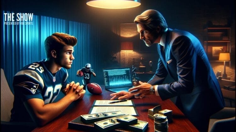 A young football player in a jersey sits at a desk across from an older man in a suit, who gestures seriously. Papers, cash, a football, and a laptop showing NFL stats are on the desk. The dimly lit room features "THE SHOW" text in the corner.