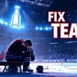 A hockey player sits alone on the bench in a dimly lit arena, head bowed, helmet beside him. Above, a glowing Stanley Cup hovers. Large red text reads "FIX NHL TEAMS!" and a VDG Sports logo appears in the top left corner. The arena seats are mostly empty.