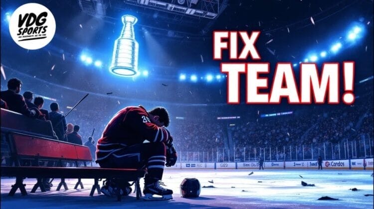 A hockey player sits alone on the bench in a dimly lit arena, head bowed, helmet beside him. Above, a glowing Stanley Cup hovers. Large red text reads "FIX NHL TEAMS!" and a VDG Sports logo appears in the top left corner. The arena seats are mostly empty.