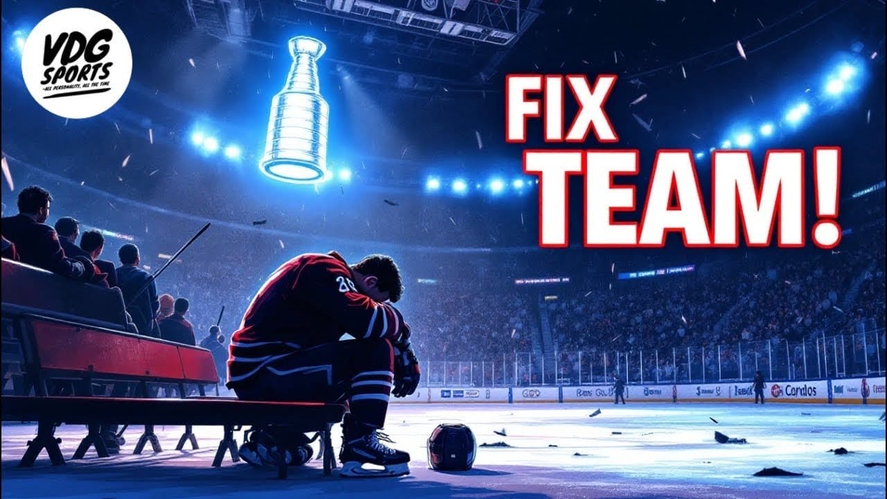 A hockey player sits alone on the bench in a dimly lit arena, head bowed, helmet beside him. Above, a glowing Stanley Cup hovers. Large red text reads "FIX NHL TEAMS!" and a VDG Sports logo appears in the top left corner. The arena seats are mostly empty.