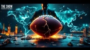 A man in a suit stands behind a large cracked football glowing with orange light. The background features a glowing world map, city landmarks like London's Big Ben, and scattered money—hinting at the global nfl growth and high-stakes sports betting. Text reads "The Show.