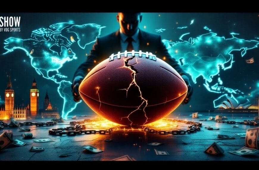 A man in a suit stands behind a large cracked football glowing with orange light. The background features a glowing world map, city landmarks like London's Big Ben, and scattered money—hinting at the global nfl growth and high-stakes sports betting. Text reads "The Show.