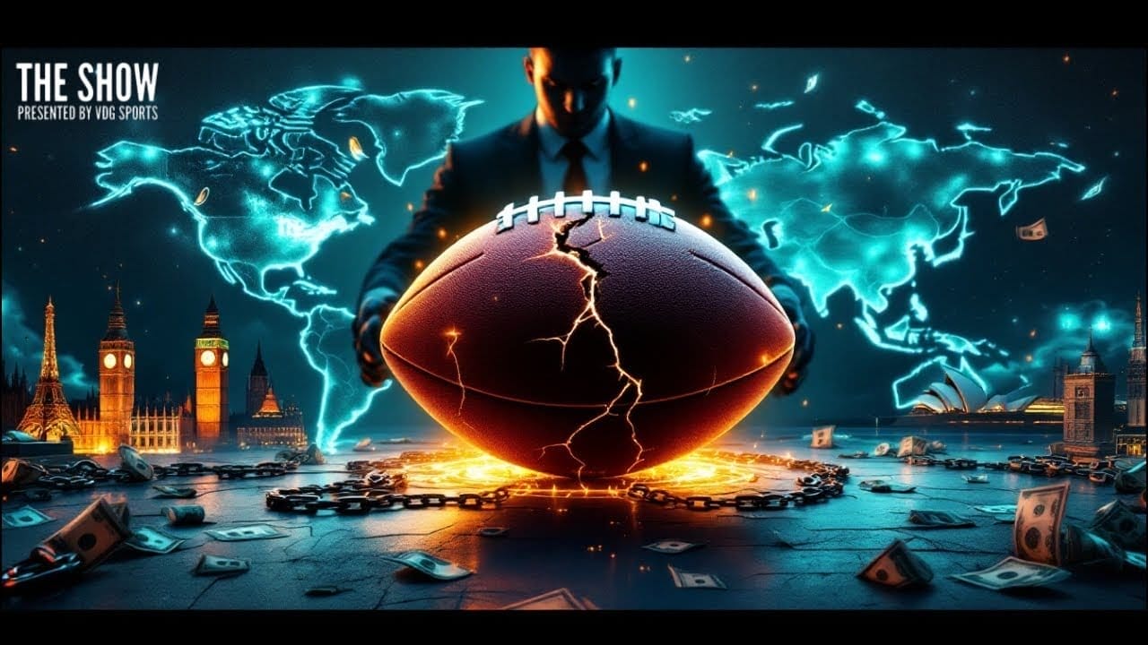 A man in a suit stands behind a large cracked football glowing with orange light. The background features a glowing world map, city landmarks like London's Big Ben, and scattered money—hinting at the global nfl growth and high-stakes sports betting. Text reads "The Show.