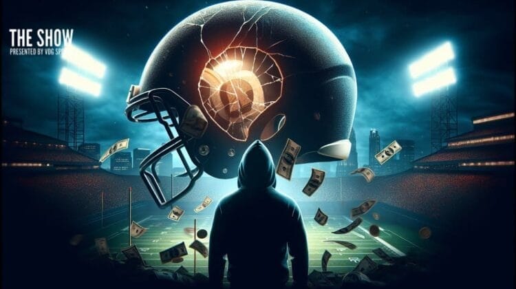 A person in a hoodie stands on a football field at night, facing a giant cracked football helmet suspended in the air. Money floats around the helmet, highlighting NFL safety concerns. Stadium lights shine brightly as "The Show" appears in the top left corner.