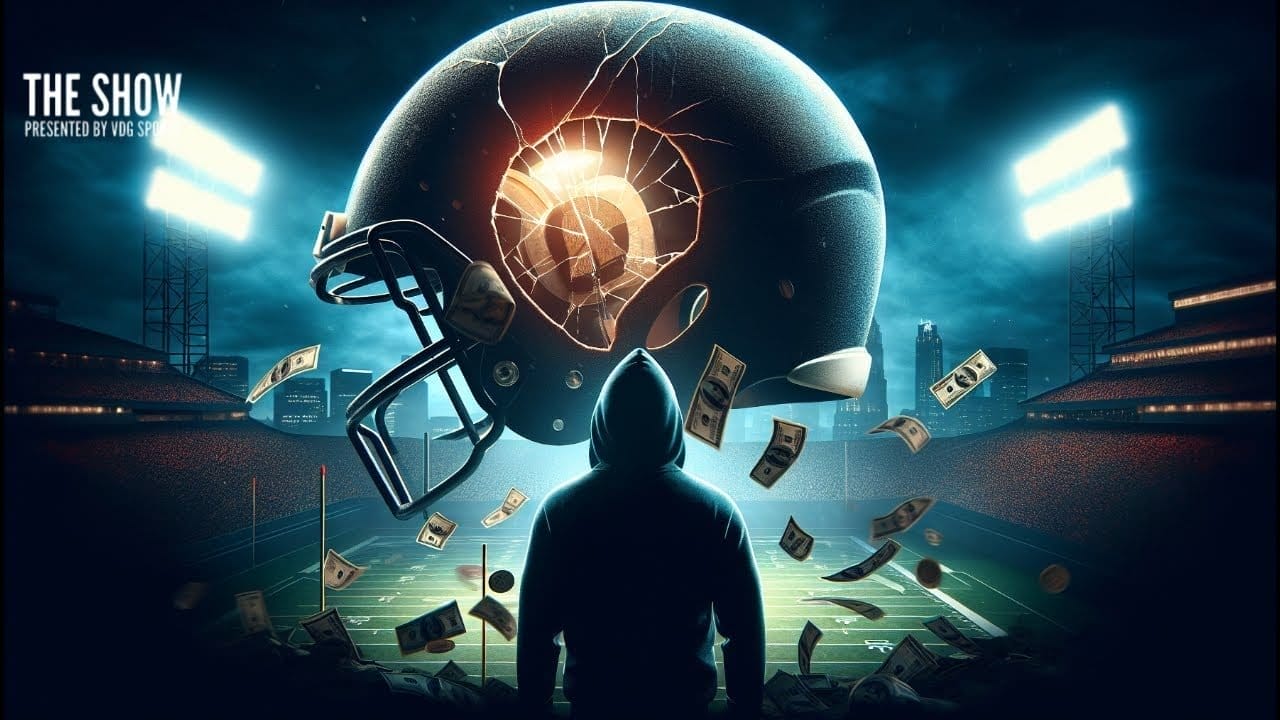 A person in a hoodie stands on a football field at night, facing a giant cracked football helmet suspended in the air. Money floats around the helmet, highlighting NFL safety concerns. Stadium lights shine brightly as "The Show" appears in the top left corner.