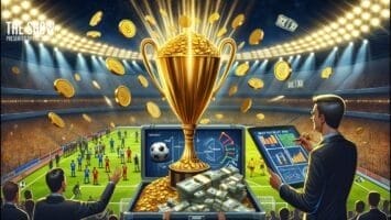 A golden trophy, coins, and cash dominate the foreground of a soccer stadium scene. Spectators watch a match as two men examine charts, data on spending in football, and financial analysis—highlighting sports betting and the rewards of soccer success.
