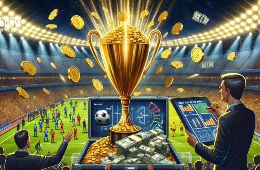 A golden trophy, coins, and cash dominate the foreground of a soccer stadium scene. Spectators watch a match as two men examine charts, data on spending in football, and financial analysis—highlighting sports betting and the rewards of soccer success.