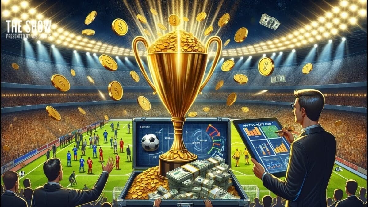 A golden trophy, coins, and cash dominate the foreground of a soccer stadium scene. Spectators watch a match as two men examine charts, data on spending in football, and financial analysis—highlighting sports betting and the rewards of soccer success.
