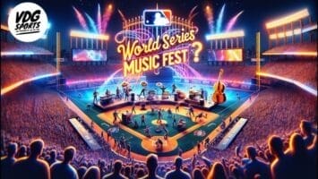 A vibrant stadium glows at night, filled with fans enjoying MLB entertainment at a music festival on the baseball field. Musicians play on stage as neon lights and fireworks highlight the “World Series Music Fest” sign beneath the MLB logo and city skyline.