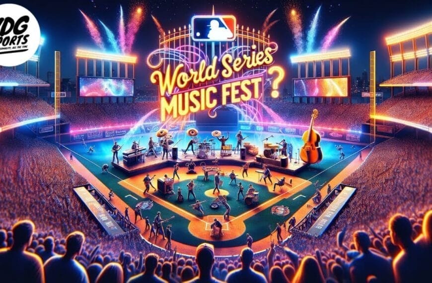 A vibrant stadium glows at night, filled with fans enjoying MLB entertainment at a music festival on the baseball field. Musicians play on stage as neon lights and fireworks highlight the “World Series Music Fest” sign beneath the MLB logo and city skyline.