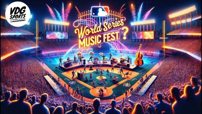 A vibrant stadium glows at night, filled with fans enjoying MLB entertainment at a music festival on the baseball field. Musicians play on stage as neon lights and fireworks highlight the “World Series Music Fest” sign beneath the MLB logo and city skyline.
